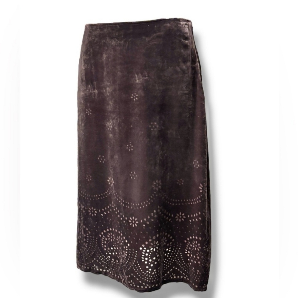 THE LIMITED Dark Brown Velvet Midi Skirt Floral Burnout Design VINTAGE